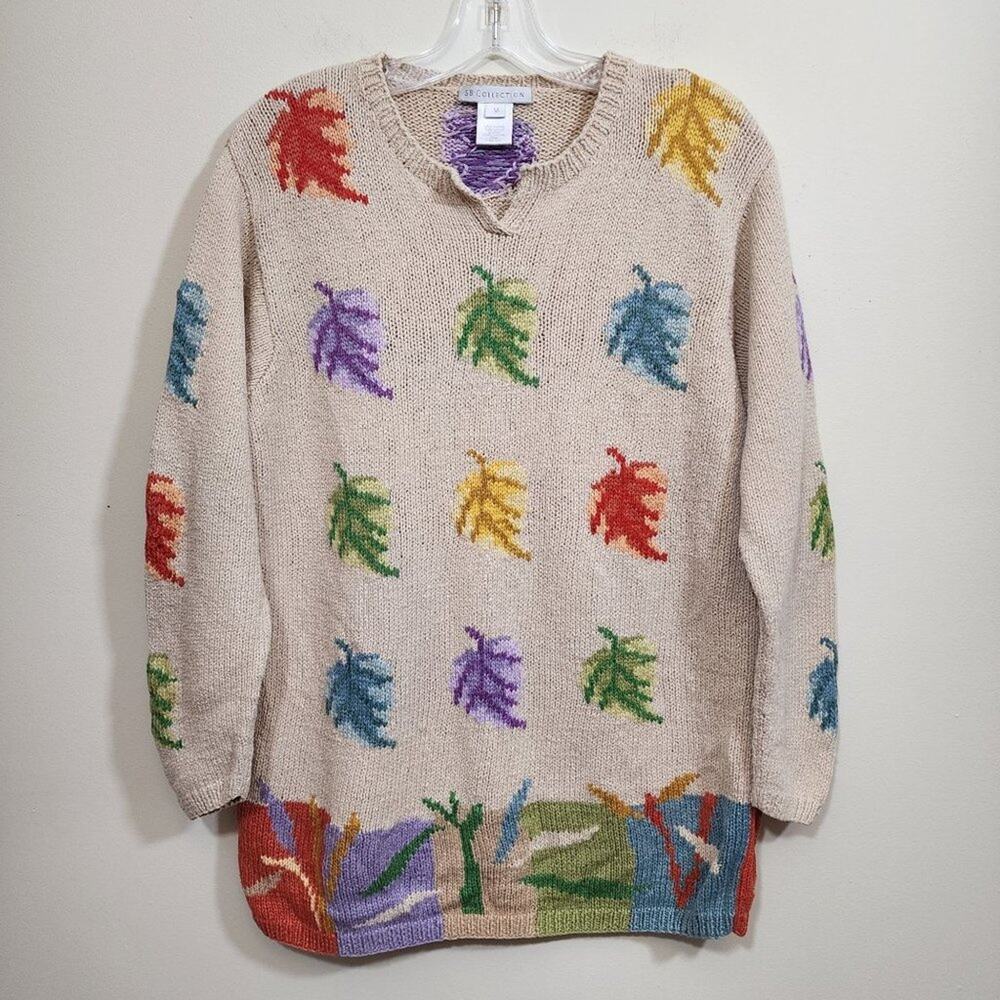 Vintage 1998 colorful leaf pattern hand knit sweater‎ woman's size medium